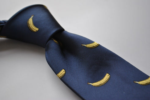 navy tie with yellow banana embroidered design